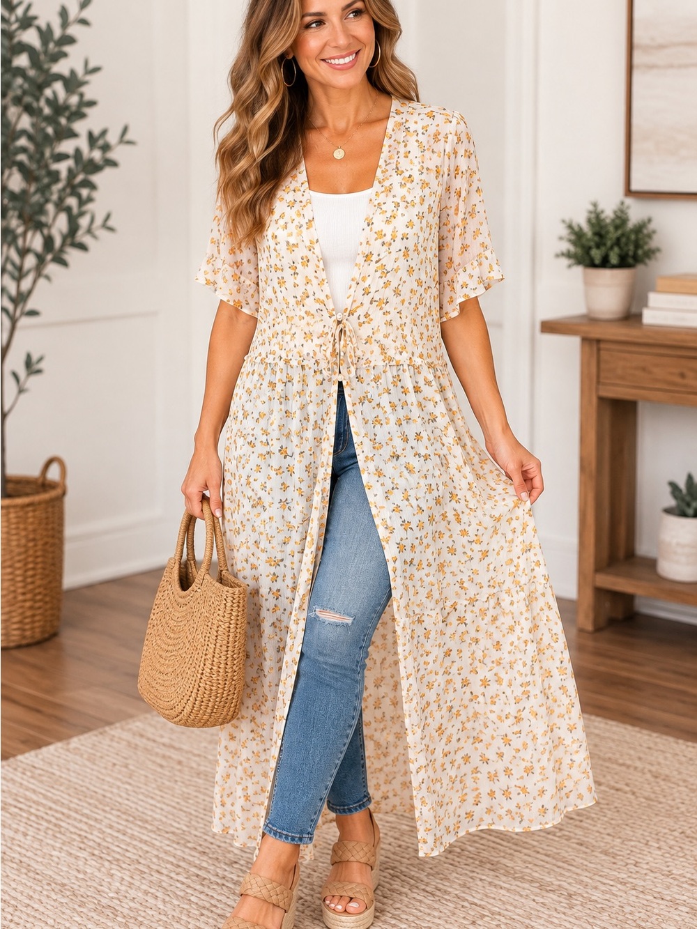 torrid Cream Floral Tie-Front Swim Cover-Up Kimono